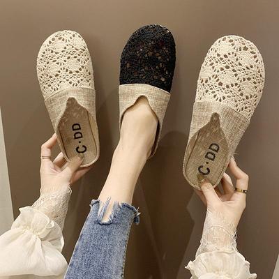Round-headed Linen Half Slippers Women's Summer Flat-bottomed Lazy One-step Hollow Sandals