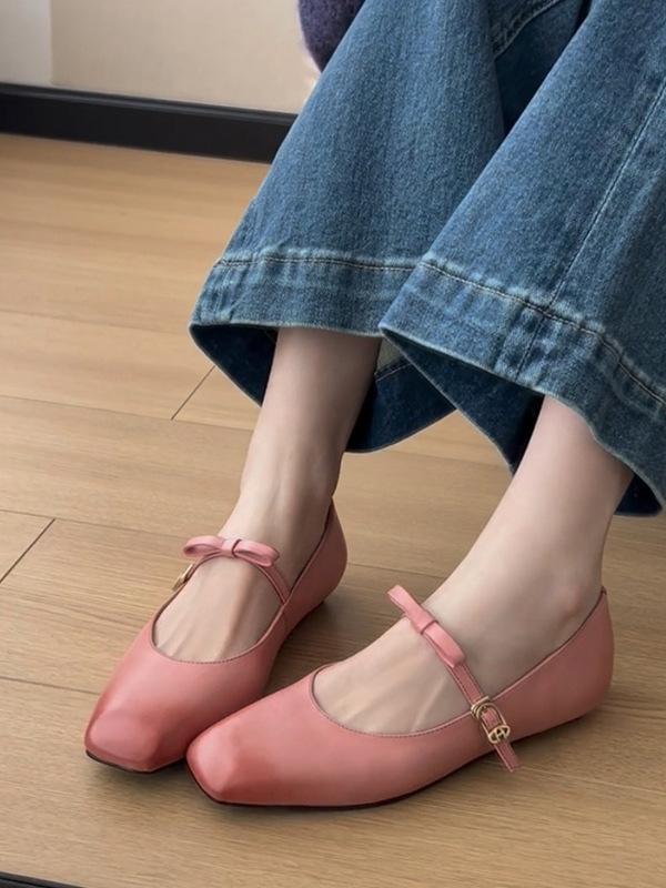 Sheepskin Version~ Leather Bow French Word Belt Mary Jane Shoes Women's Retro Flat Ballet Single Shoes Evening Shoes