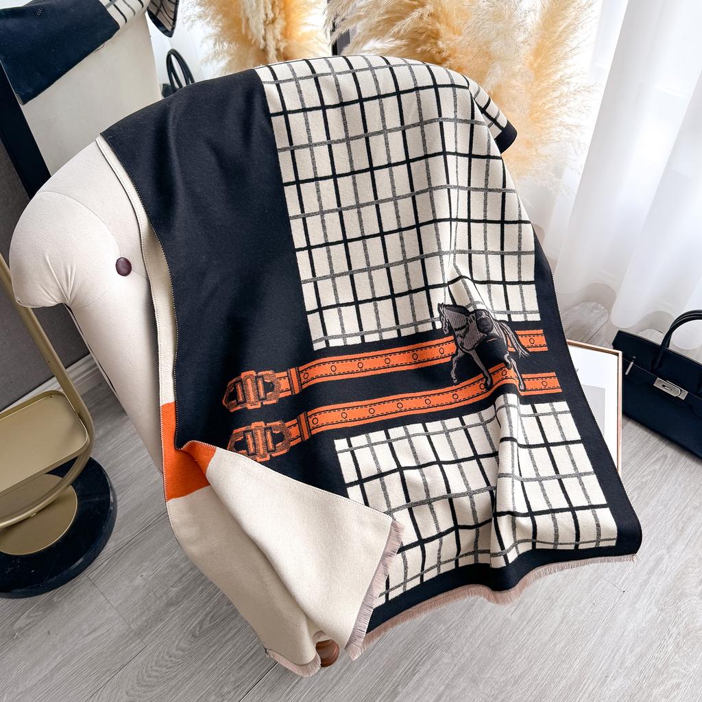 Luxury Women's Thick Faux Cashmere Scarf - Winter Warm Vintage Plaid & Warhorse Print Soft Shawl for Travel & Daily Wear