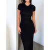 Women's Spring and Summer Foreign Trade Solid Color Hip Wrap Temperament Slim Short Sleeve Fashion Dress