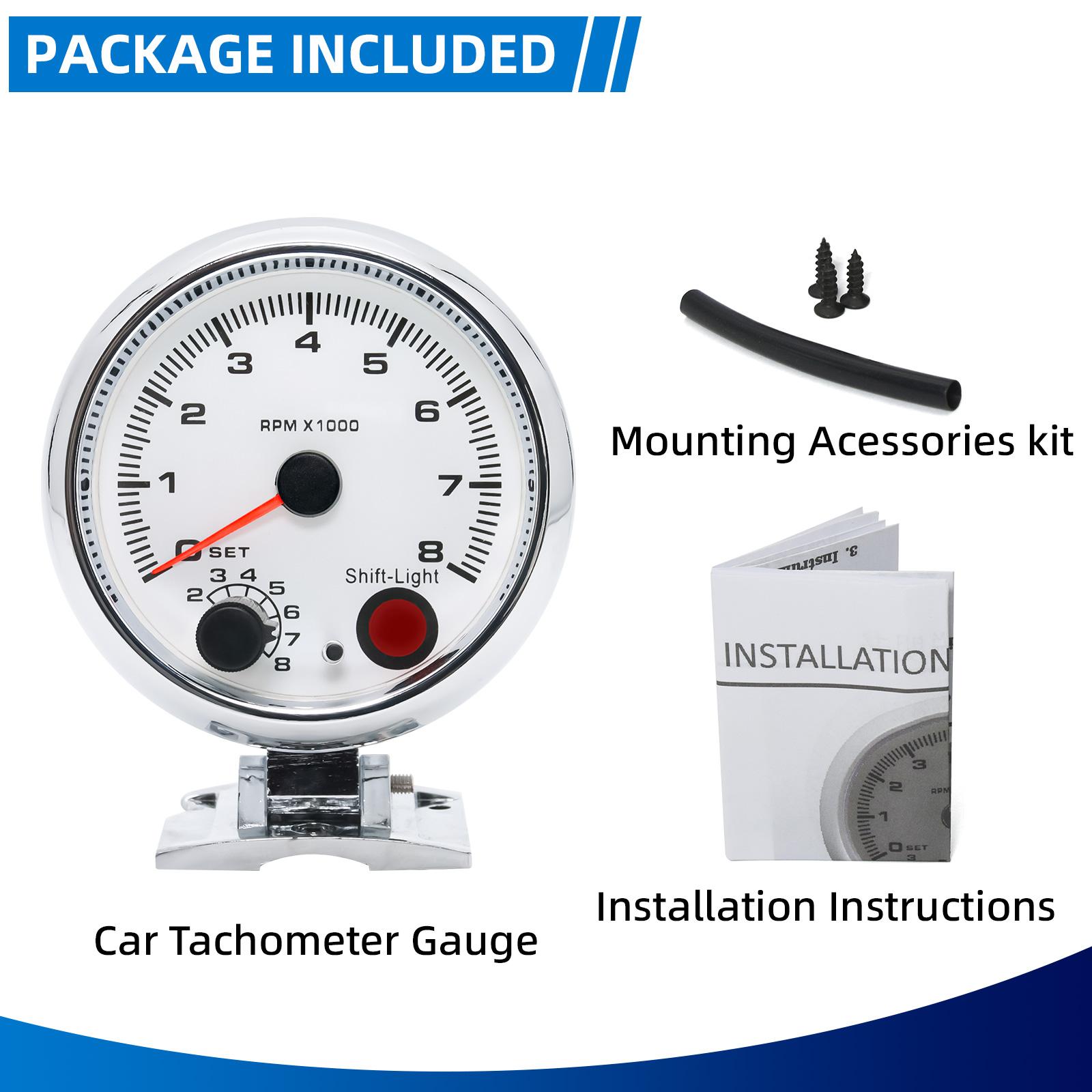 

95mm Universal Car Tachometer Gauge 0-8000 RPM with Shift Light For 4 6 and 8 Cylinders 12V Gasoline Engines 12V Racing Vehicle білий