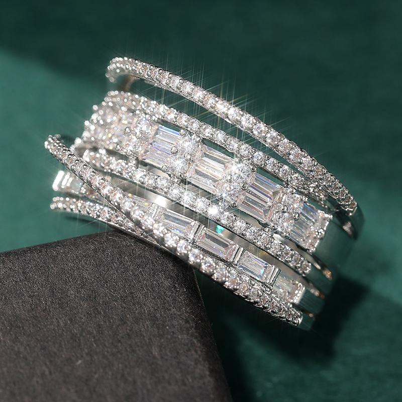 Exquisite CopperColor Inlaid White CZ Women's Ring Geometry Hollow Daily Wear Party Jewelry