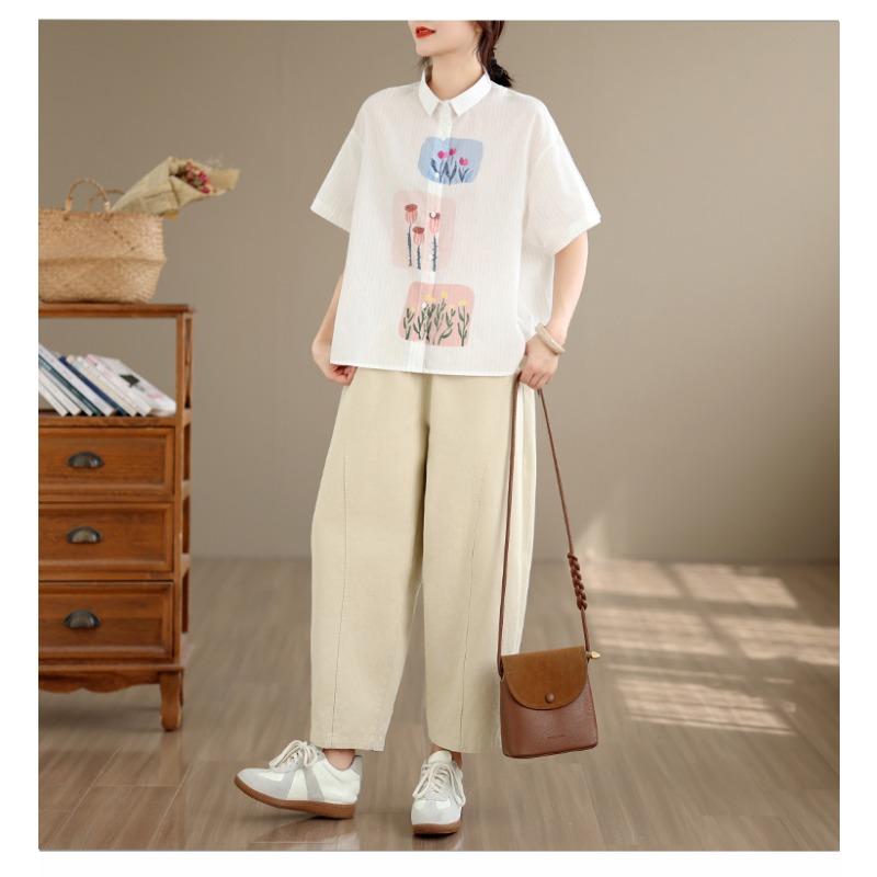 DIMANAF 2026 Women Plus Size New Summer Blouse Shirt Short Sleeve Casual Loose Print Lady Tops Shirts Cotton