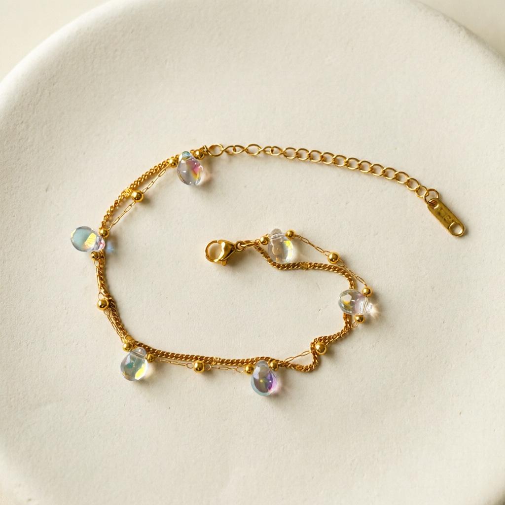 European Multi-layer 18K Gold-Plated Titanium Steel Bracelet with Star, Sun, and Heart Stone Tassels