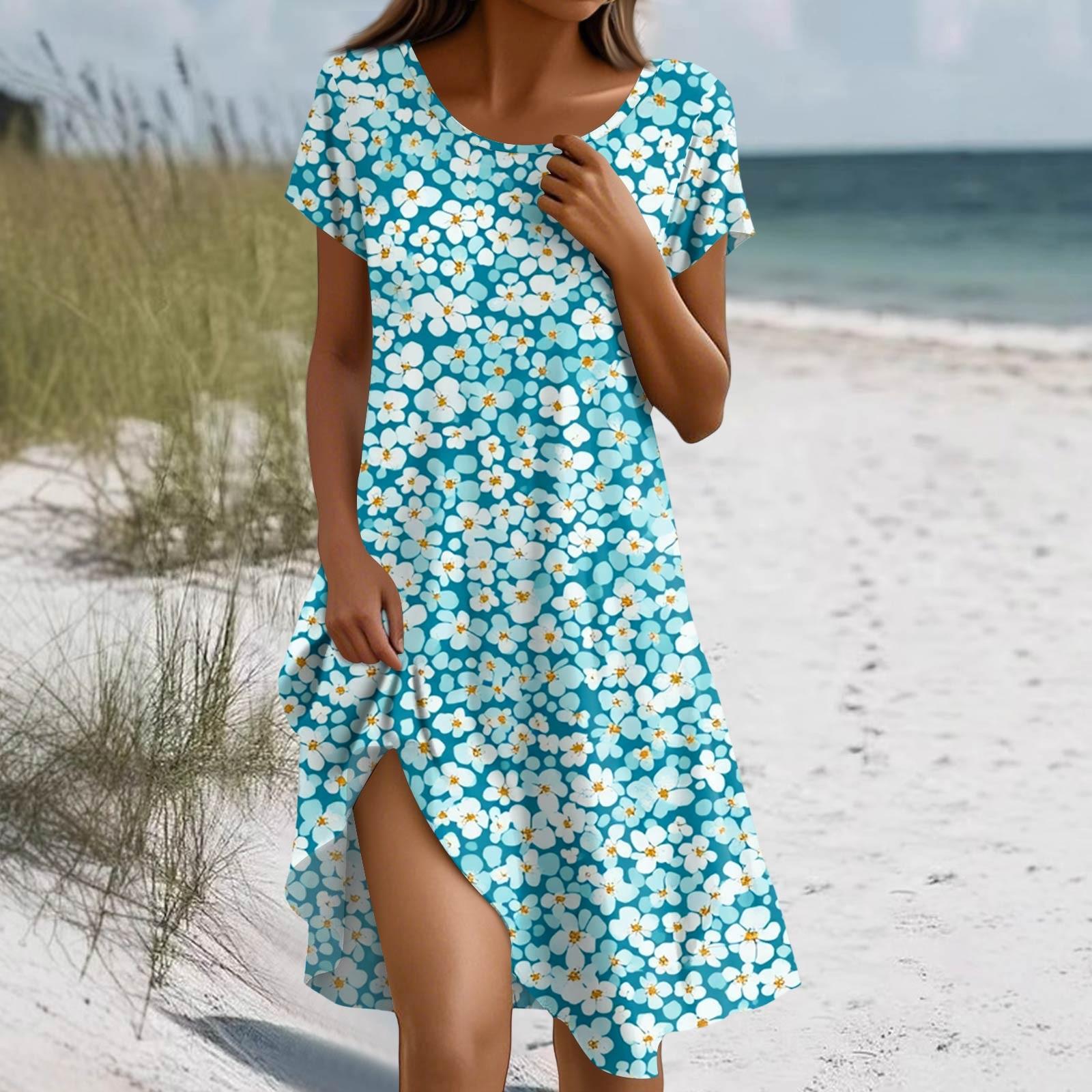 

Жіноча сукня в стилі бохо з коротким рукавом, повсякденна літня сукня вільного крою, плаття з квітковим принтом і кишенями M синій