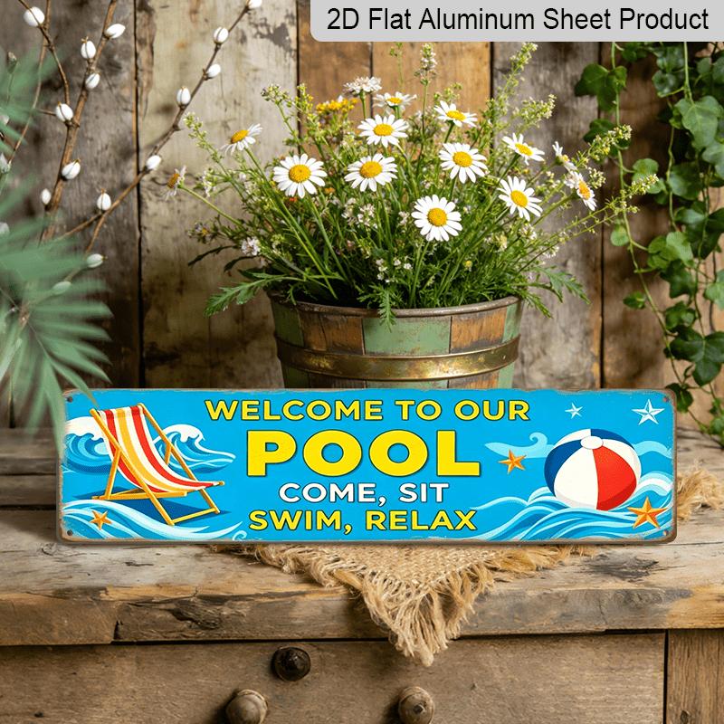 2D Flat- Aluminium Decorative Sign in A 2D Flat Design, Featuring A Beach Theme, Perfect for Decorating Your Poolside, Patio, Garden, Backyard