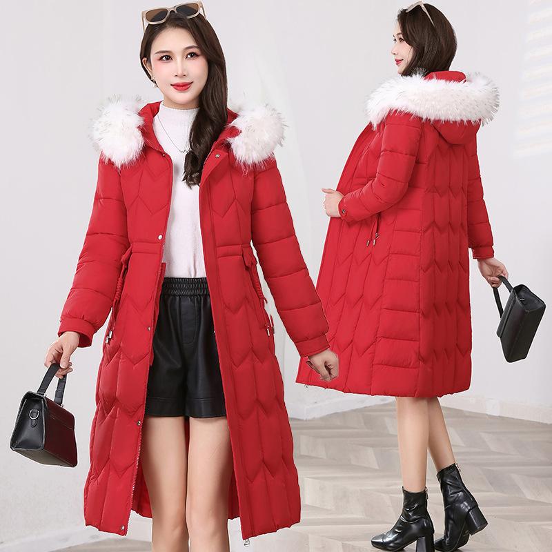 Down cotton-padded clothes women's long models, new waist cotton-padded clothes, slim and thin, knee-thickened cotton-padded jackets