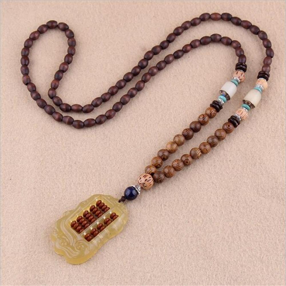 Boho Lucky Gift Party Handmade Mala Wood Bead Nepal Necklace Buddhist Horn Fish Pendant