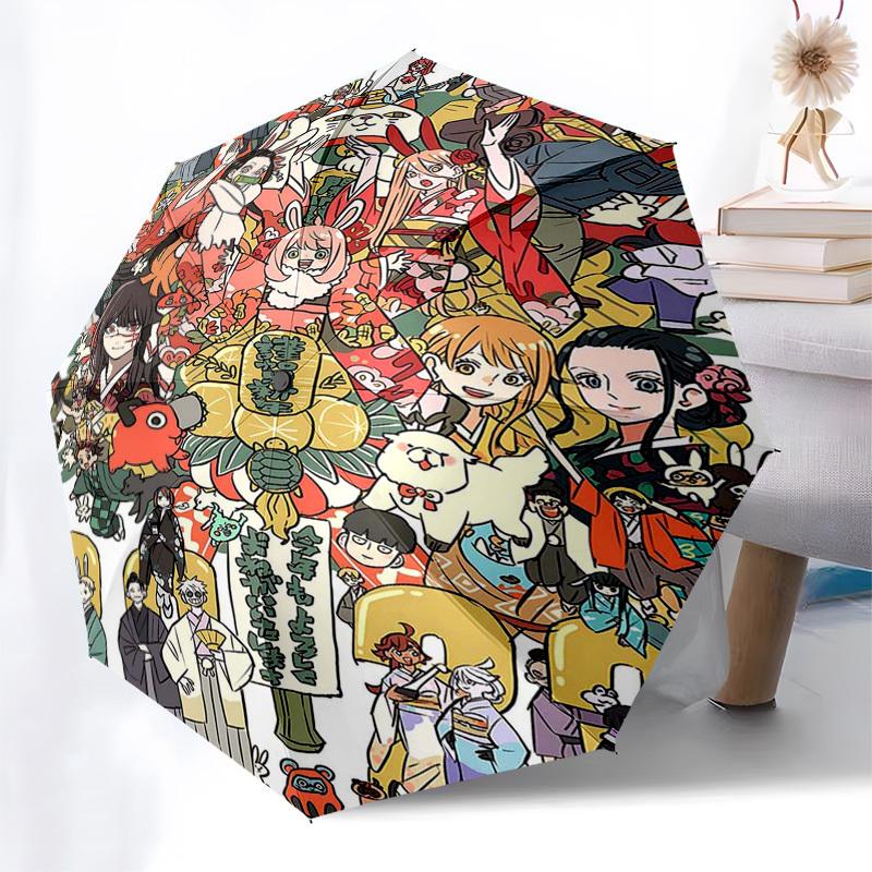 1pc Outdoor Umbrella with Japanese Characters and Festival Elements - Automatic Opening/Closing, Portable 3-Fold Design, 8-Rib Iron Frame - Perfe