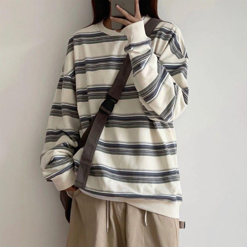 

осень Толстовки Полосатый Свитшот Оверсайз Женские Корейская Мода Парные Топы с Длинным Рукавом Уличная Одежда Харадзюку Пуловеры женские XXXL