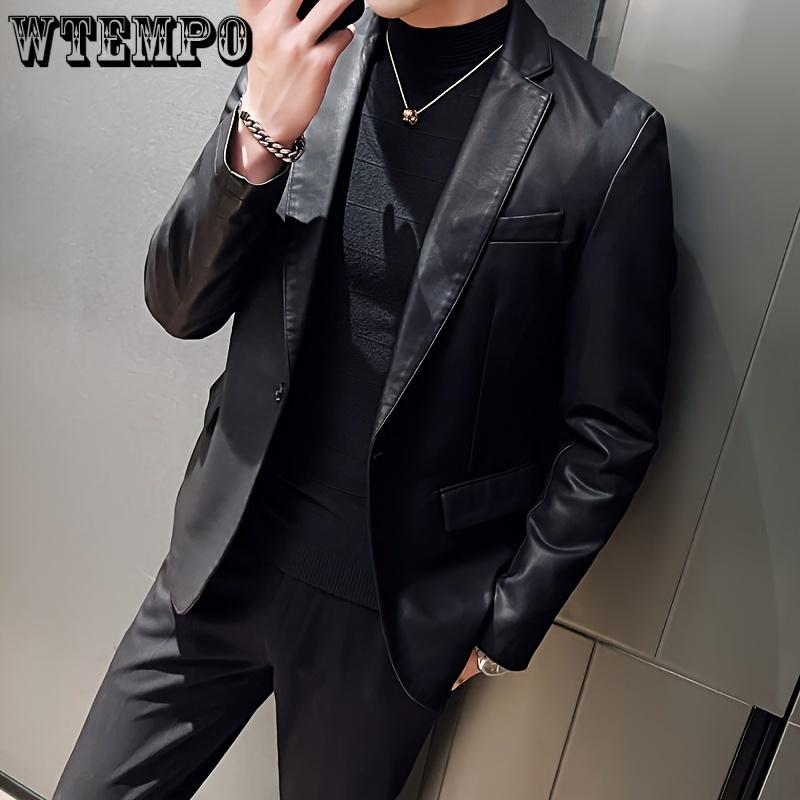 Men's Solid PU Leather Jacket with Pockets, One Button Slim-fit Lapel Outwear - for Business, Parties & Formal Occasions - for Men - PU Leather