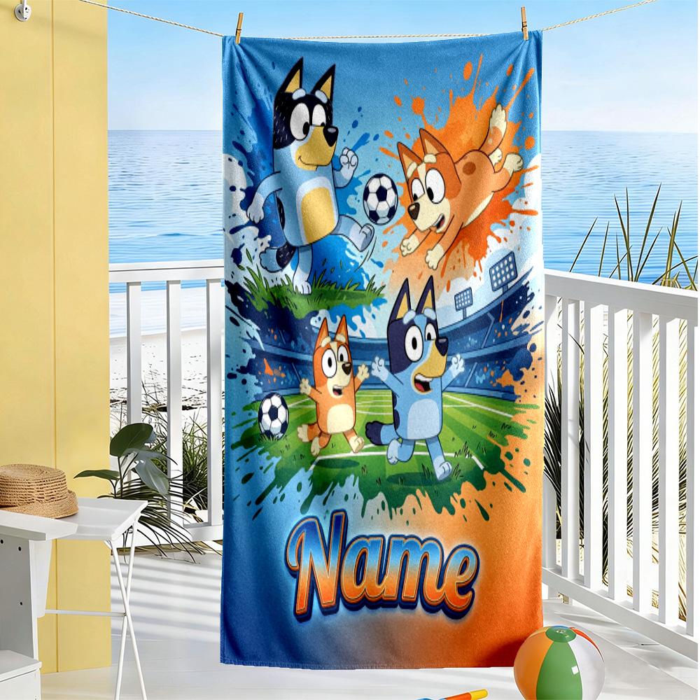 Soccer Fun Bluey Personalized Name Beach Towel Quick-Dry Soft Microfiber Suitable for Sports Travel Swimming Yoga Bathroom Beach And Pool