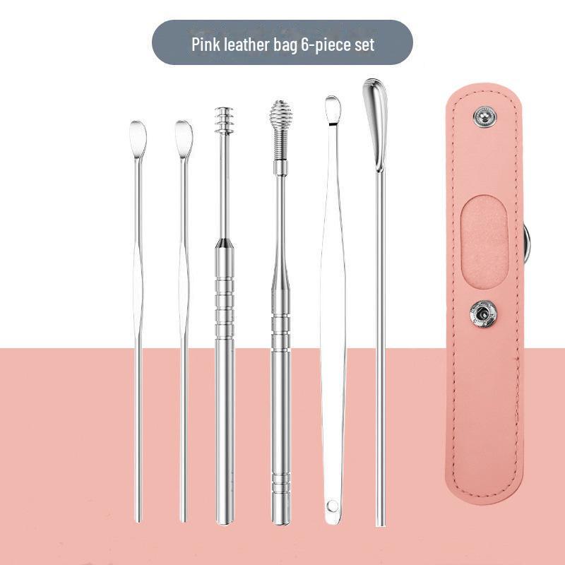 Six-Piece Stainless Steel Ear Cleaning Set with Spring Spiral Tools & Leather Case