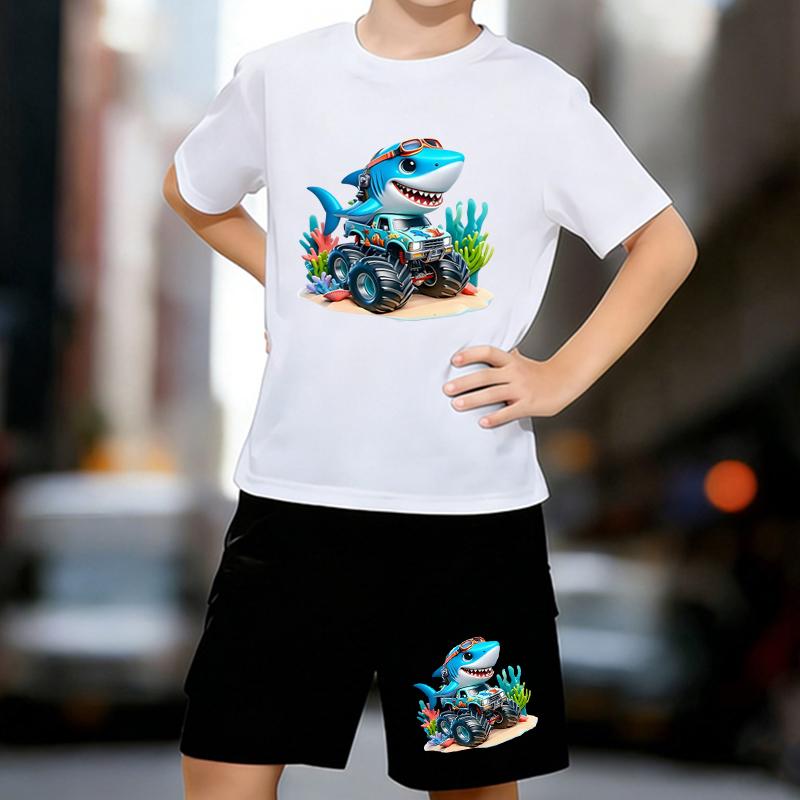 

Boys 2 Piece Cartoon Shark Monster Truck Printed outfit, Short Sleeve T-Shirt and Shorts Set for Kids Age 5-14,White Sporty Casual Summer Clothes 13-14 Years