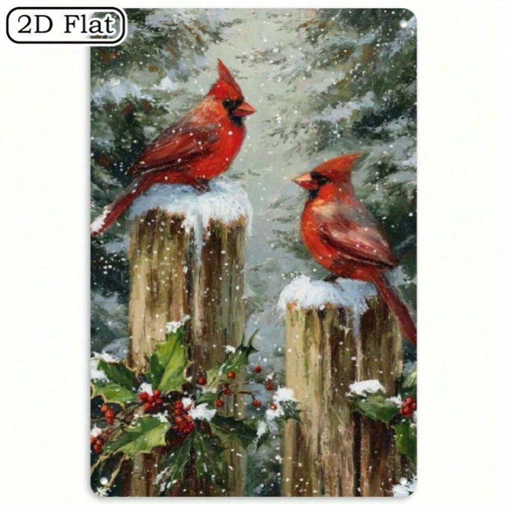 Vintage Metal Tin Sign, 12x8 Inch Cardinal Bird Winter Scene, Rustic Farmhouse Wall Decor for Christmas, Indoor Outdoor Holiday Gift
