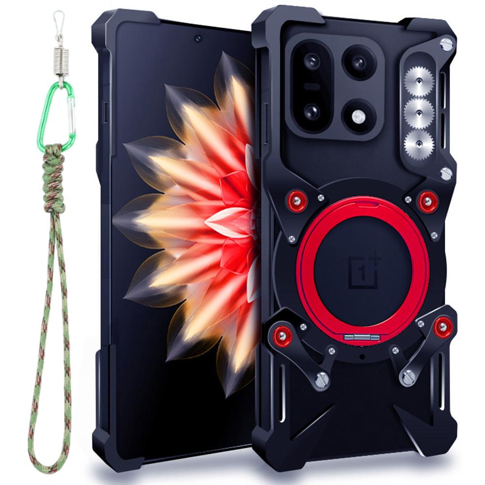 

Для OnePlus 15 5G Чехол-бампер с подставкой из алюминиевого сплава Магнитная крышка для телефона с ремешком на запястье