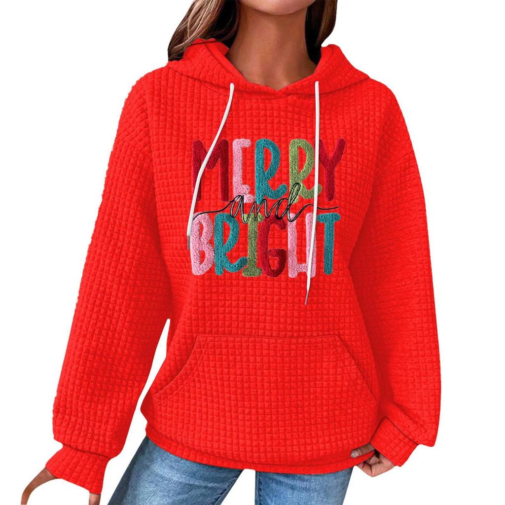 Women's Fashion Loose Hooded Pullover Long Sleeve Plaid Sweatshirt With Drawstring, Drop Shoulder, Pocket, Christmas Print Top