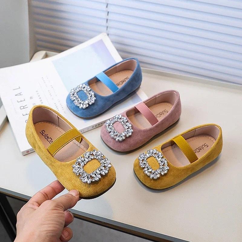 Children Girls Leather Shoes Luxury Rhinestone Kids Fashion Ballet Flat Shoes Elegant Versatile Princess Causal Shoes Slip-on