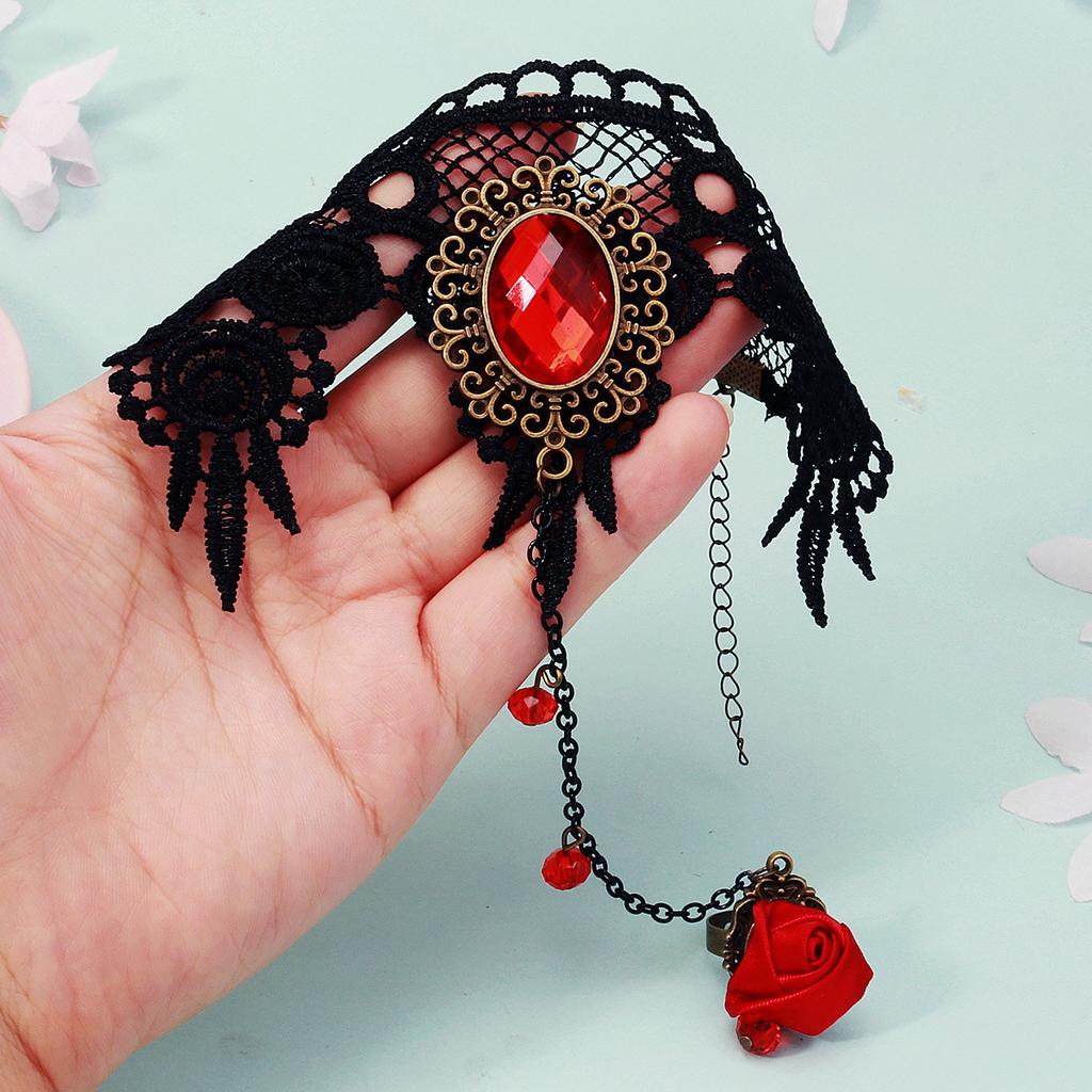 Bracelet Chaîne de Main Bague Rose Dentelle Noire Gothique Bijoux de Fête d'Halloween