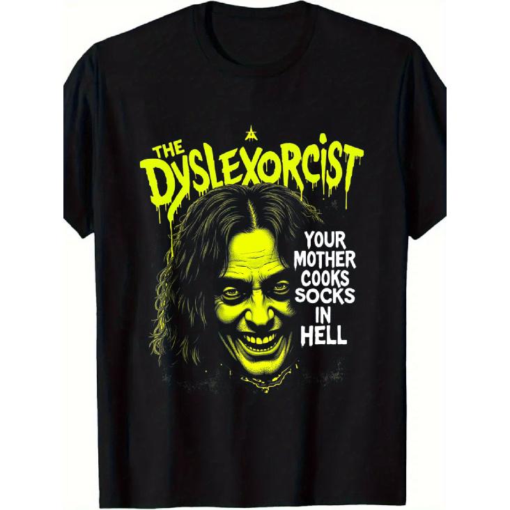 Men S Black Short-Sleeve T-Shirt with Yellow Devil S Head & THE DYSLEXORCIST YOUR MOTHER COOKS SOCKS IN HELL Print - Spooky Gothic Graphic Tee 6XL чёрный