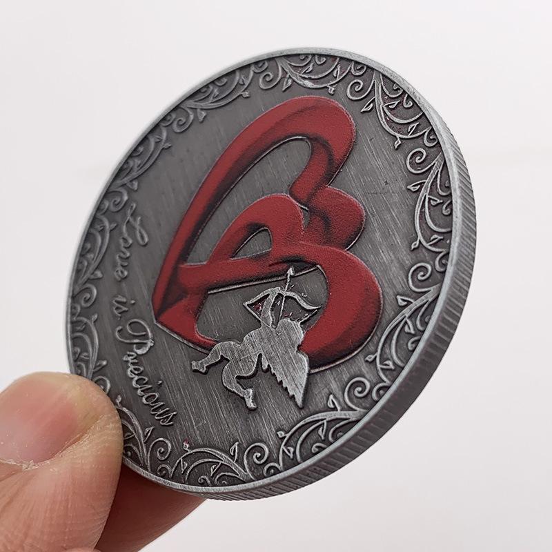 Sprache der Liebe, herzförmiger Diamant eingelegt, Nickelsilber antik, Gedenkmedaille, Sammlerhandwerk, Rot des Liebhabers, Herzmünze, Gedenkmünze