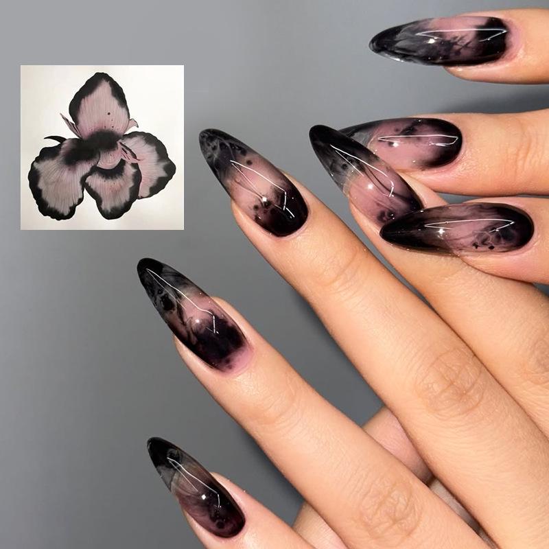 24-Piece Gradient Ink Wash Manicure Tips - Black Almond Cat Eye Design