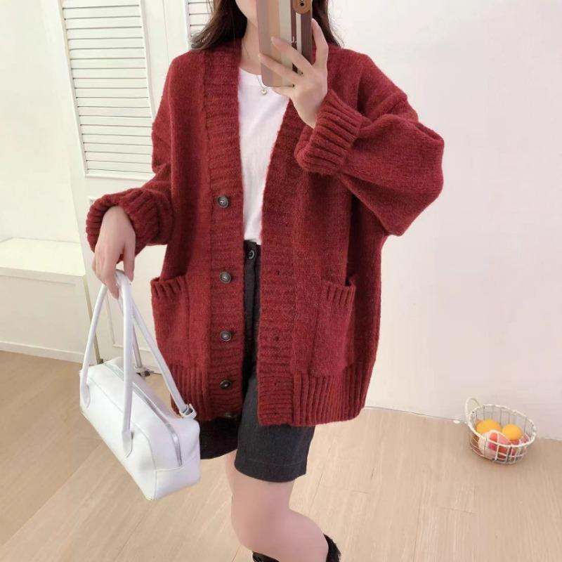 Lazy wind knitted cardigan women's clothing autumn and winter new loose casual thickened V-neck sweater jacket women