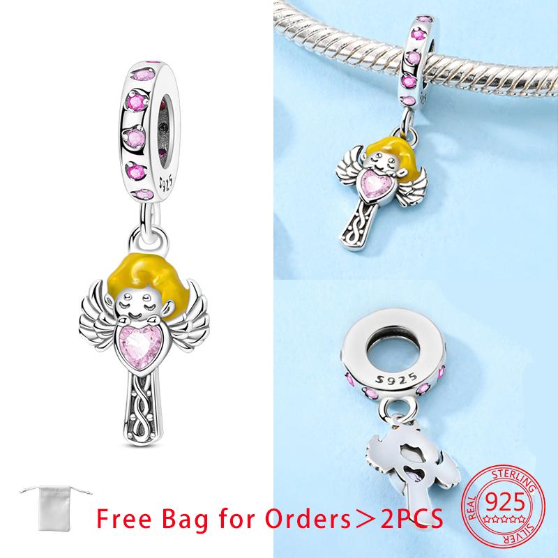 Charms Angel Series Sparkling Zircon Wings Beads Pendant Fit Diy Original Bracelet Necklace Copper Women Jewelry Gifts