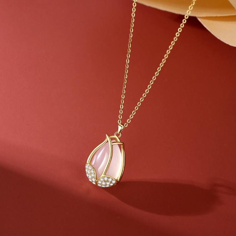 Original S925 Sterling Silver Fashion Natural Chalcedony Tulip Pendant Light Luxury Senior Necklace Female Clavicle Chain