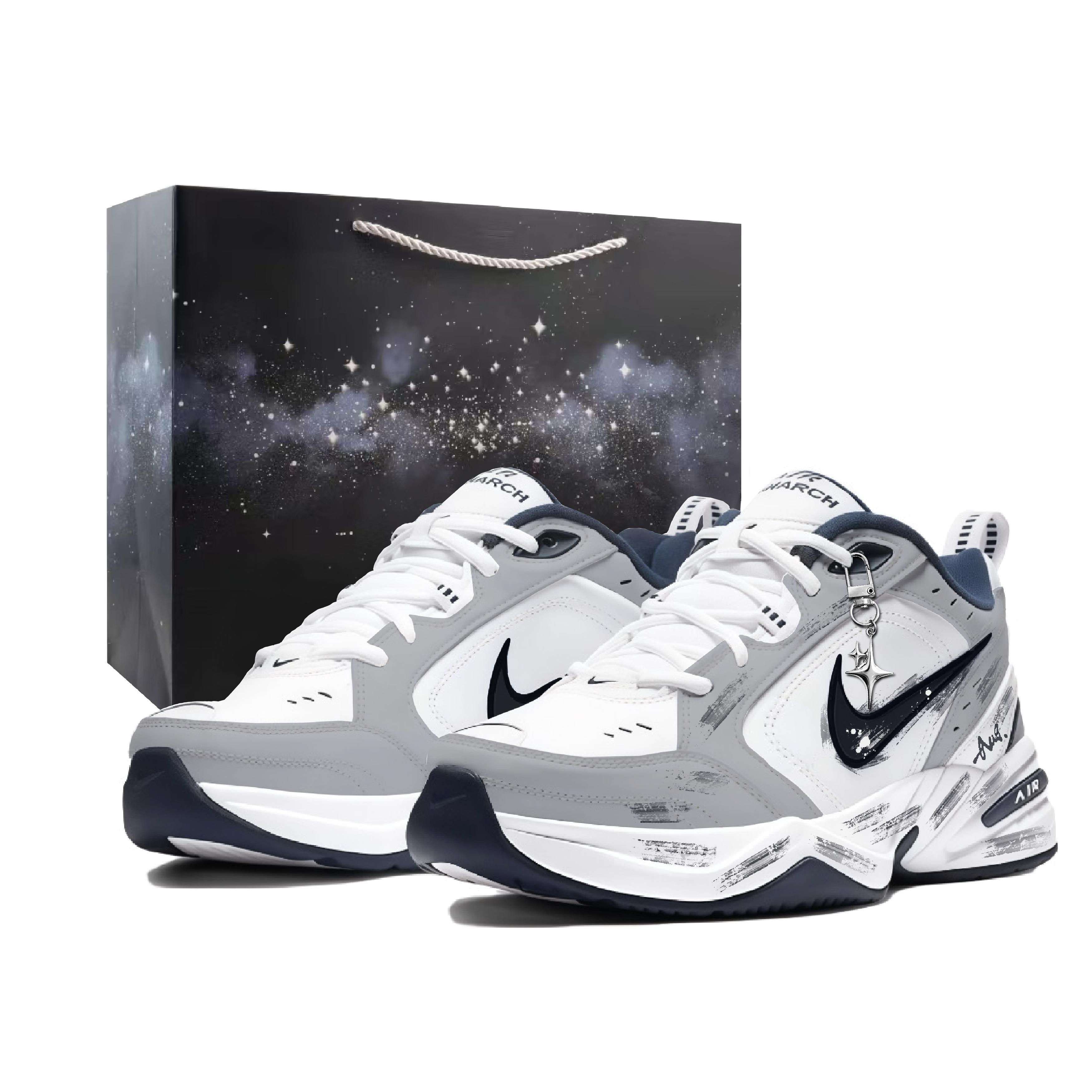 

Nike Air Monarch 4 Misty Night Starlight Textile, Leather Low top Chunky Sneakers Men s Black White Gray 415445-102(Team141-) 42