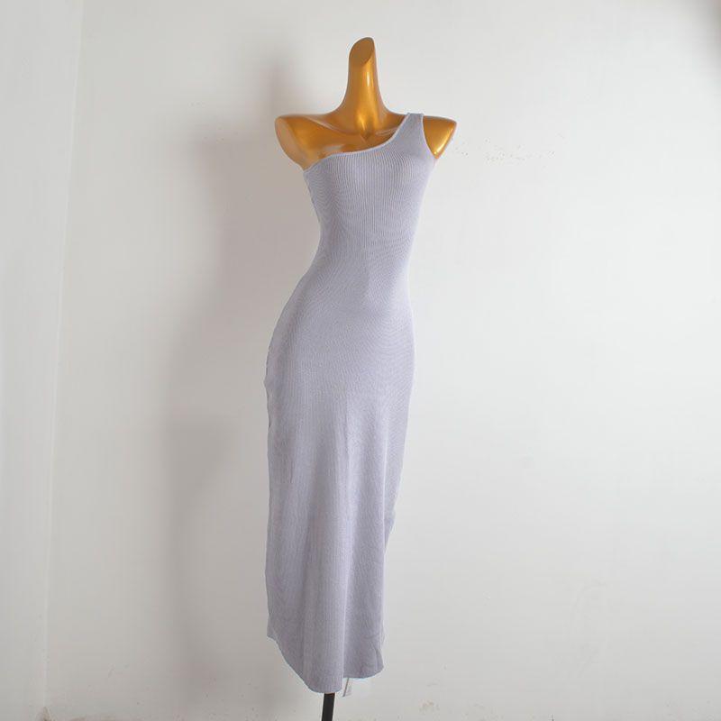 

Sexy Sloping Shoulder Knitted dress Women Summer New Solid Backless Long dress Gyaru Slim fit Sleeveless Vest Dress Light gray One size