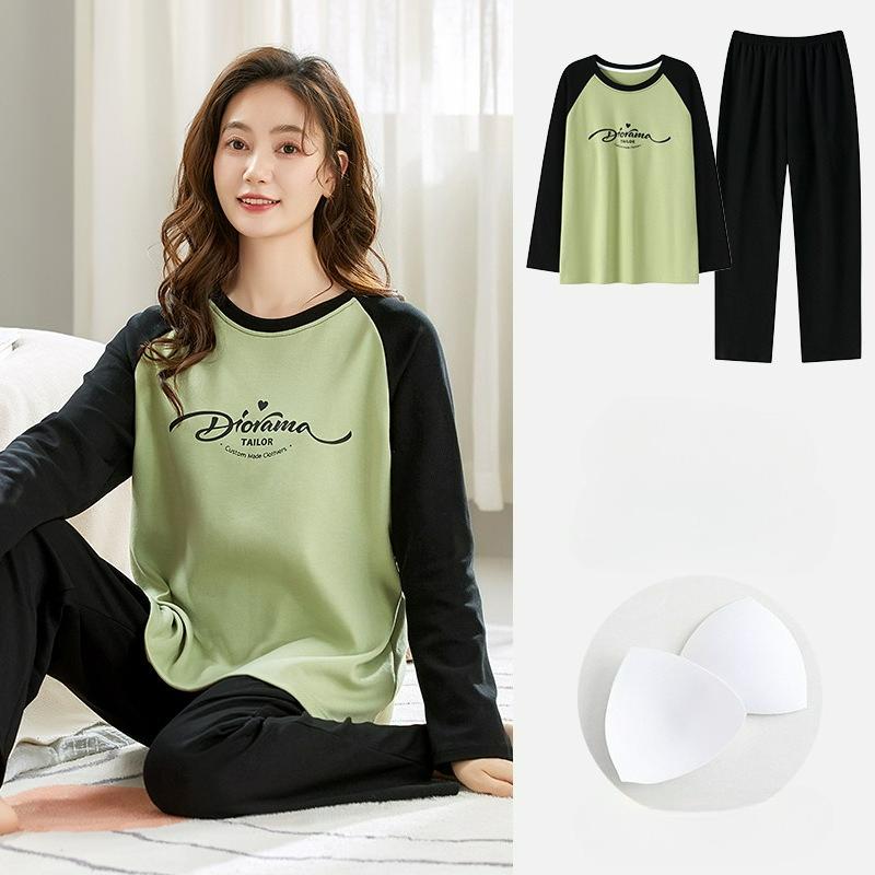 Pajamas with Chest Pads, Women's Autumn and Winter Long-sleeved Cotton, Cute and Casual, Can Be Worn Outside Home Service Suits