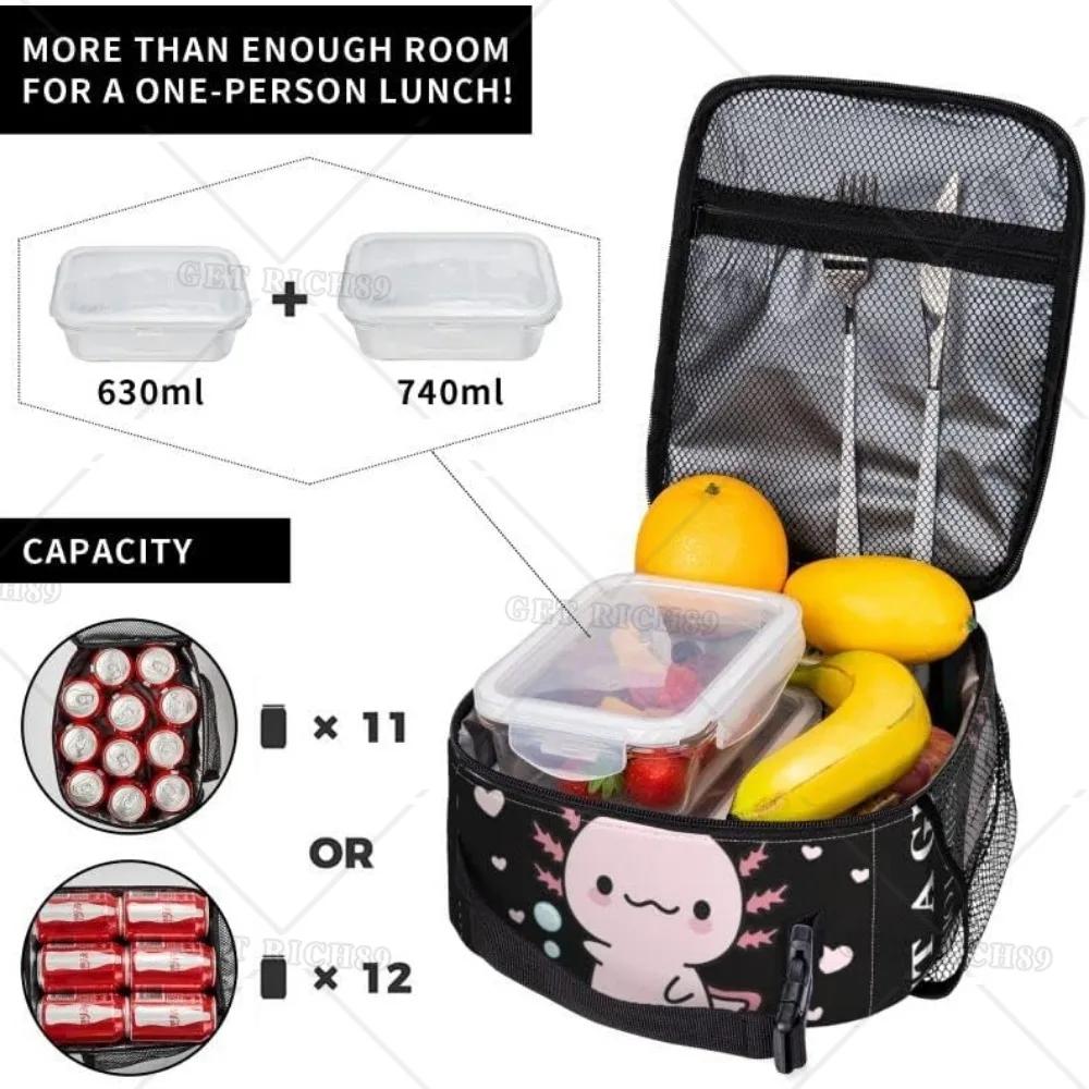 Just A Girl Who Loves Axolotls Lunch Bag for Women Girls Kids, Reusable Large Capacity Lunch Box with Pocket for Work Picnic