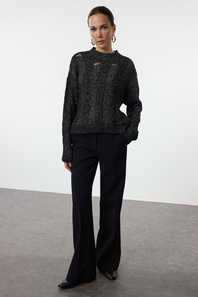 Women's Elegance Style Sweater Black Cotton Hair Knit Knitwear Sweater