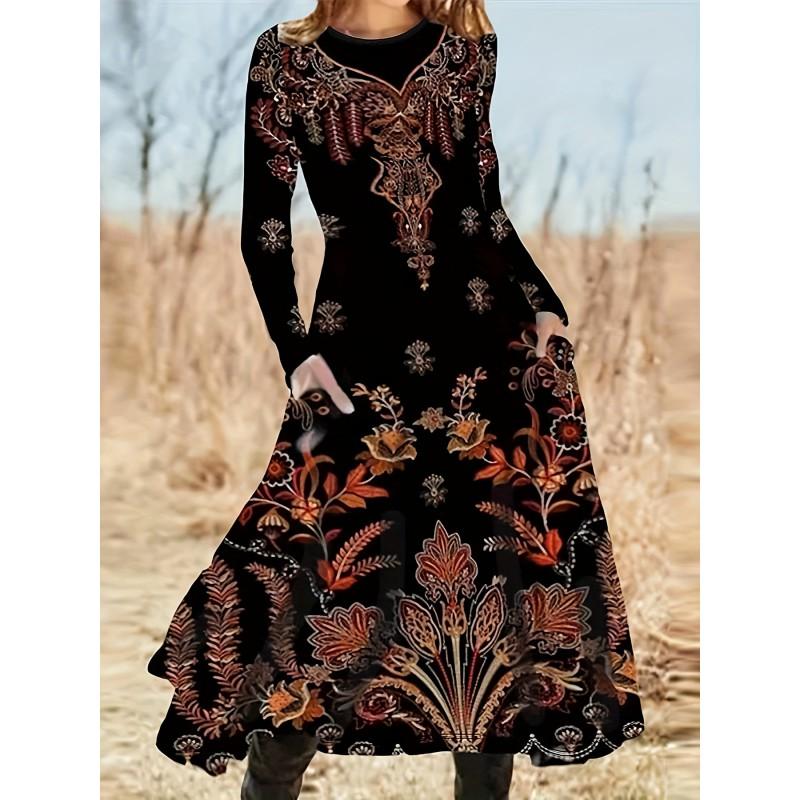 Womens Purple Floral Print Long Sleeve Maxi Dress - Elegant Party In Milk Silk Fabric