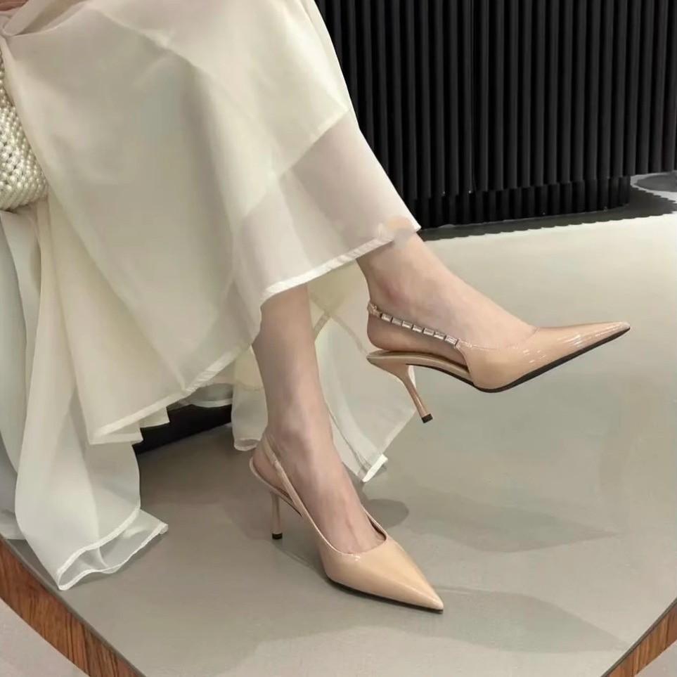 Naked pink pointed rhinestone high heels women's silver temperament bag head sandals thin heel empty shoes