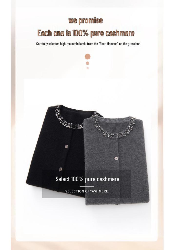 2026 Autumn/Winter Women's Beaded 100% Cashmere Round-Neck Versatile Cardigan Sweater