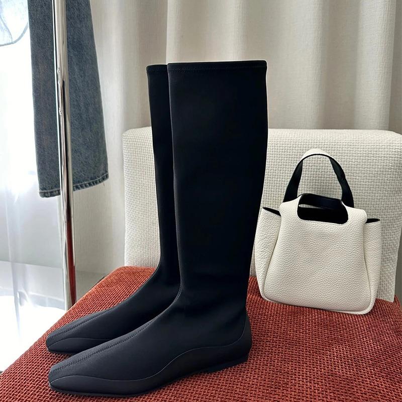 Herbst Minimalistisch Vielseitig Elastisch Skinny Stiefel Damen Strumpfstiefel Eckige Spitze Flacher Boden Aber Knie Langstiefel