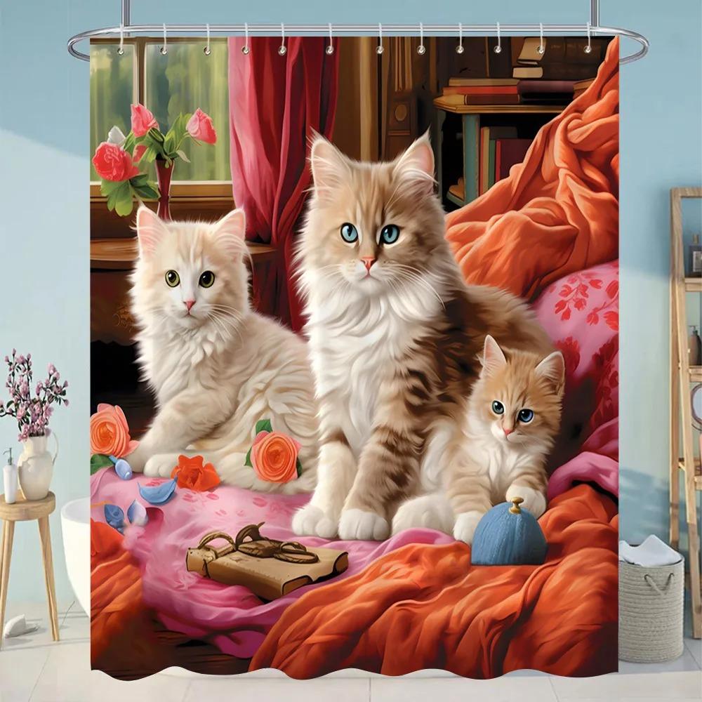 Zábavný potápěčský sprchový závěs pro kočky Kreslená zvířata Styl olejomalby Polyester omyvatelné sprchové závěsy Dekor do koupelny s háčky