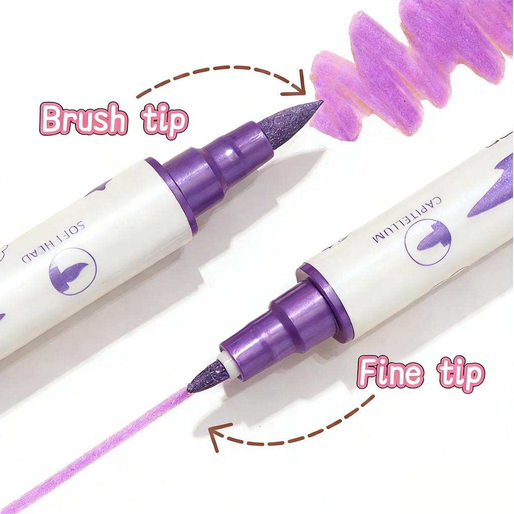 10pcs Metallic Dual Tip Marker Pens - Brush & Fine Nib for DIY Album, Black Card, Scrapbooking & Craft