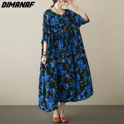 DIMANAF Plus Size Women 2023 Dress New Summer Style Loose Dress Basic Floral Dresses New Yellow
