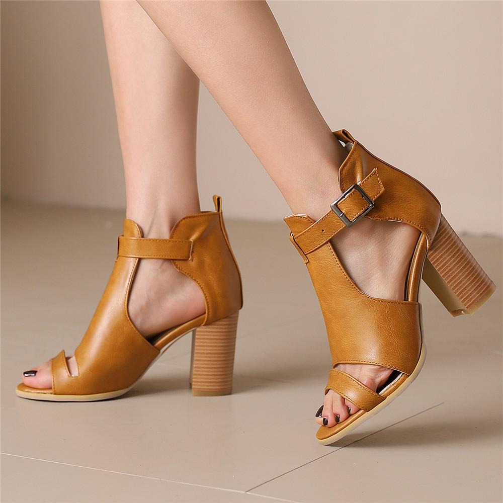 Fashion Women Sandals Chunky High Heels Soild Gladiator Open Peep Toe Women Black Shoes Buckle Beige Green Yellow Sandalias De Mujer