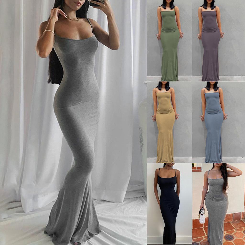 Fashion Women's Sling Sleeveless Sexy Solid Color Open Back Slim Fit  Long Dress