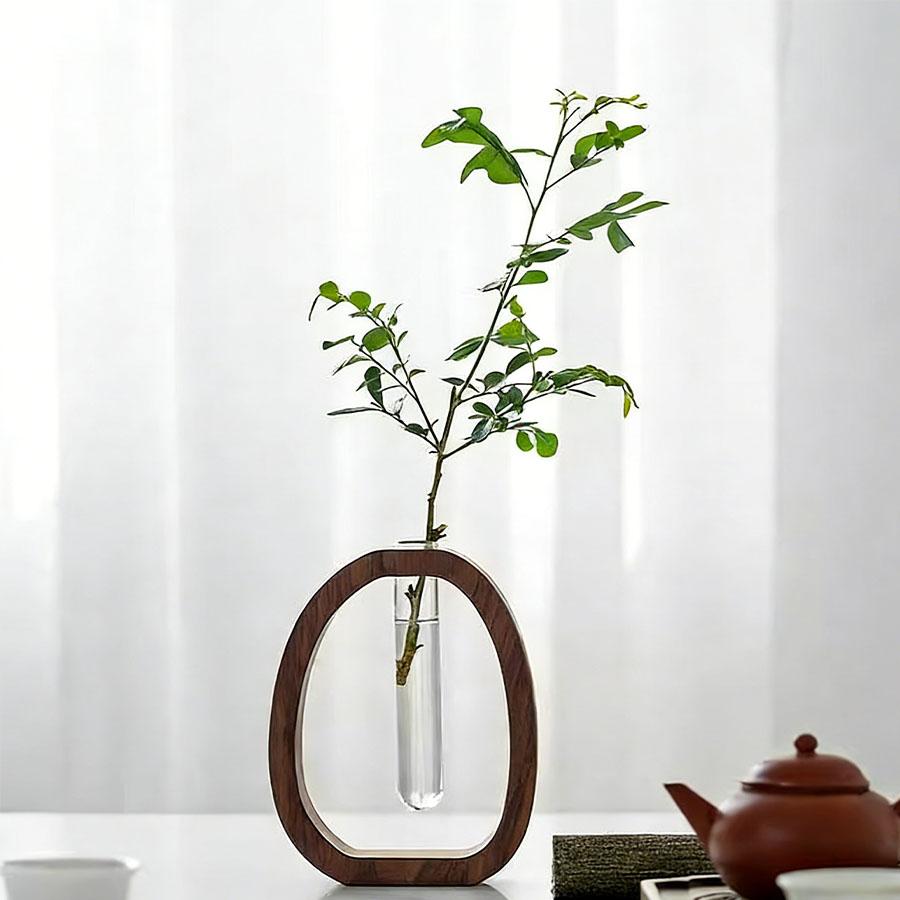 Solid Wood Transparent Glass Hydroponic Flower Vase Made of Walnut  Wood for Household Use, Small Flower Bottle