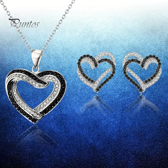 Women Necklace Earrings Set Overlapping Hearts Jewelry Black White Rhinestone And Double Heart Pendant for Parties Weddings Celebrations Love