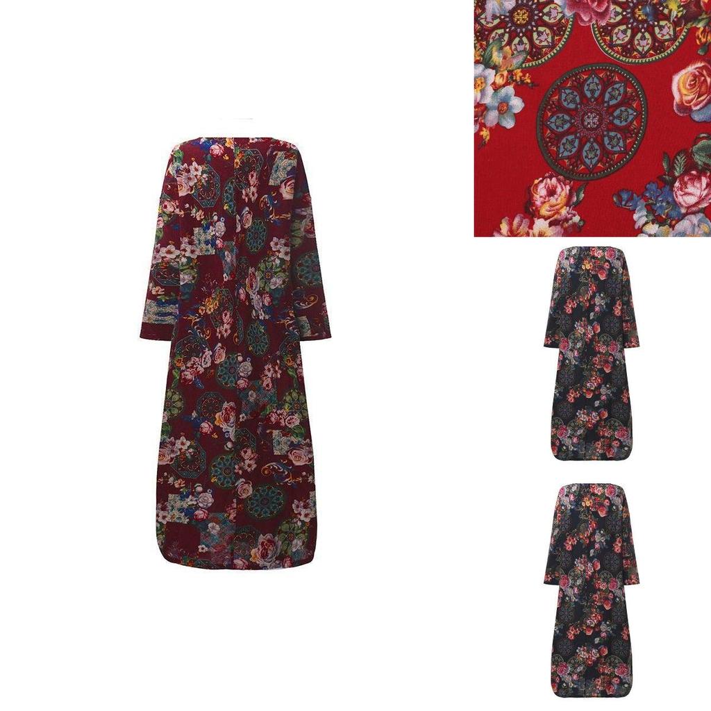 Women Vintage Casual Floral Printed Loose Dress Kaftan Long Maxi Shirt With Timeless Design