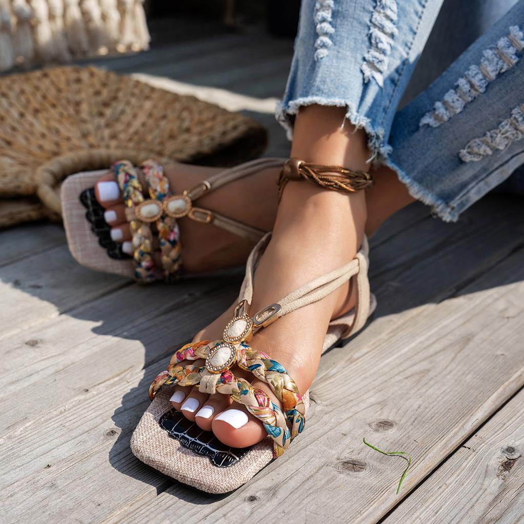Bohemian Women'S Braided Hollow Shoes Thin Bottom Rhinestone Supportive Shoes For Women Sandals Bow Tie Sandals For Women Size 5