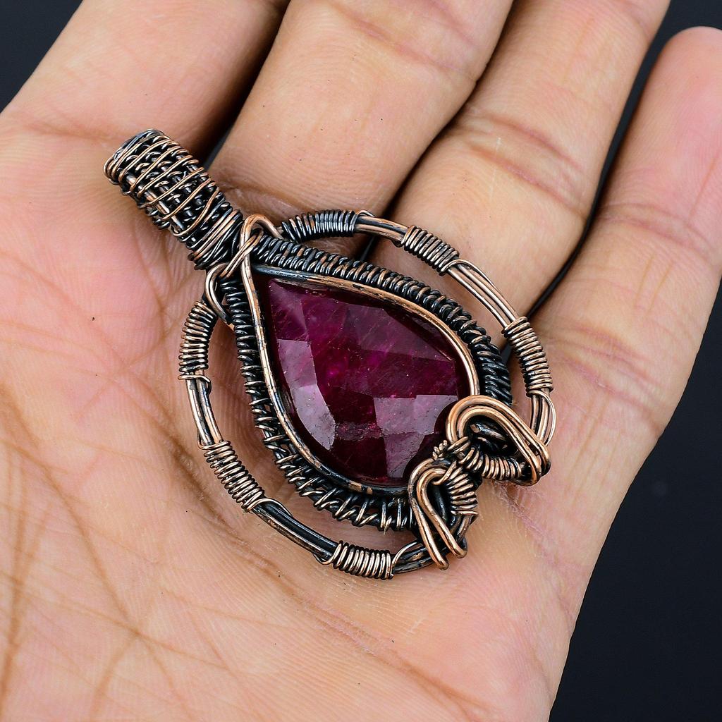 Ruby Pendant Gemstone Jewelry, 999 Copper Wire Wrapped Handmade Pendant, Latest Design Jewelry