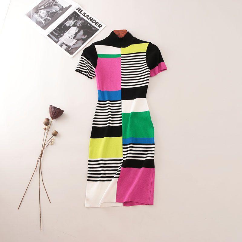 

High-End Patchwork Color Block Catwalk Summer Slim dress Foreign Trade Original Order Short sleeve Elegant Knitted Hip Skirt Figure Color 2XL