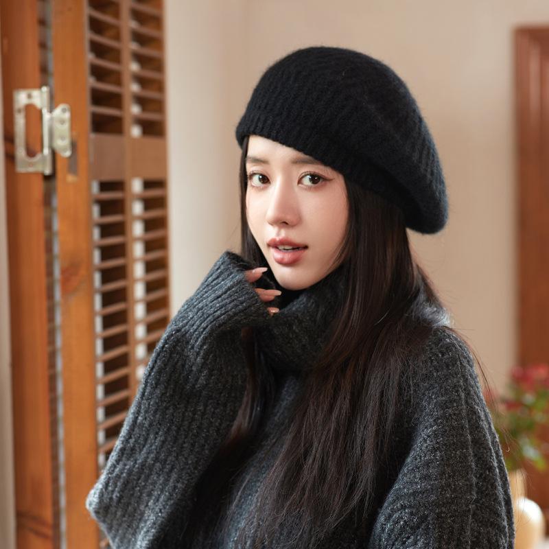 Hat Female Rabbit Fur Knitted Warm Wool Hat Solid Color Versatile Beret Literary and Retro Painter Hat